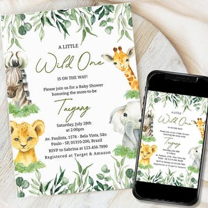 Safari Baby Shower Invitation, Wild One is on the Way Baby Shower Invite, Digital Invitation, printable safari animal invite, Editable evite