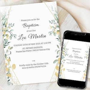 Electronic Baptism Invitation Template, Greenery Baptism Invite, Christening Evite, Digital Baptism Invitation, Baptism Phone Invite