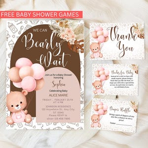 Editable We Can Bearly Wait Baby Shower Invitation Bundle Template, Gender Neutral Bear Balloon Baby Shower Invite, Boho Bear Baby Shower