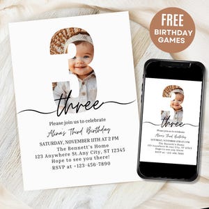 Bewerkbare 3e verjaardagsuitnodiging foto, sjabloon minimale verjaardagsuitnodiging, verjaardagsuitnodiging jongen meisje, Instant Download Canva