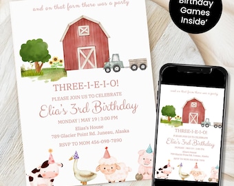 Editable Farm Birthday Invitation Three-I-E-I-O Farm Invite 3rd Birthday Tractor Farm Animal Theme Farm Invite Canva Template Download