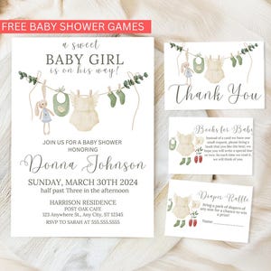 A Sweet Baby Girl is on Her Way Baby Shower Invitation Pink Floral Clothesline Invite Editable Baby Laundry Clothes Flower Dress Invite