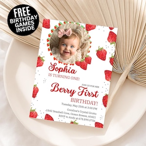 Berry 1st birthday invitation, berry first birthday, strawberry digital invite, Berry Mobile Invite, Birthday Invitation, Canva Editable