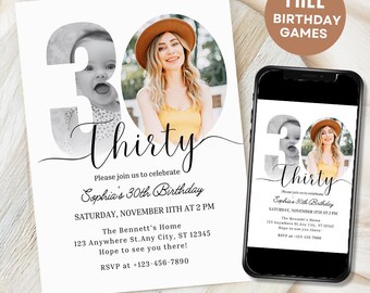 Invitation 30e anniversaire avec photo, Look qui a 30 ans, modèle d'invitation 30e anniversaire, 30e invitation simple, femme 30e invitations modifiable imprimable