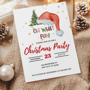 Convite para festa de Natal infantil Chapéu de Papai Noel Oh What Fun Convite para impressão Natal Aniversário, modelo editável Canva