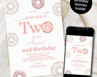 Two Sweet Birthday Invitation, Two Sweet Invitation, 2nd Birthday Invitation, Two Year Dessert Invite, Candy Sweets Donut Invite, Canva
