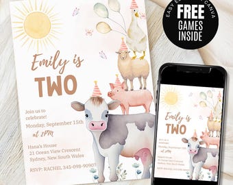 Farm Birthday Invitation, 2nd B'day evite, Cute Farm Animals Party Invite, Editable Barnyard Party Invite, Printable Canva template