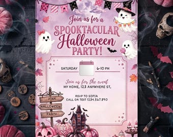 Pinkfarbene, gruselige Mädelsparty, süße Halloween-Partyeinladung, süße Kürbis-Halloween-Einladung (digital bearbeitbar, Canvas)