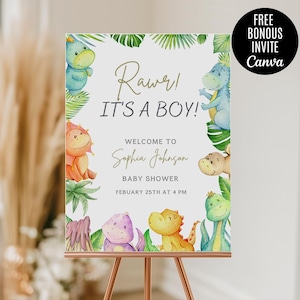 It&#39;s a Boy Dinosaur Baby Shower welcome sign Editable Template, Dino Baby Shower, Instant Download, Boy Baby Shower, Printable welcome sign