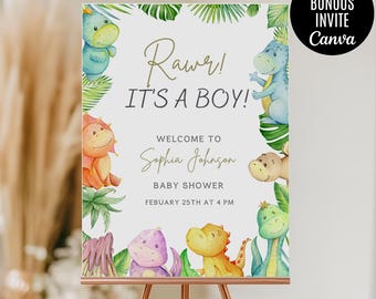 It&#39;s a Boy Dinosaur Baby Shower welcome sign Editable Template, Dino Baby Shower, Instant Download, Boy Baby Shower, Printable welcome sign