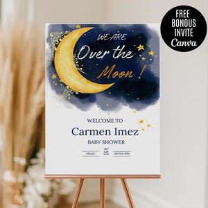 Over the moon Baby Shower Welcome Sign, Welcome sign, baby shower sign, blue Twinkle Little Star baby shower sign,Printable sign,moon shower