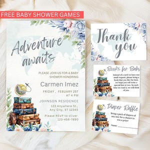Reise-Babypartyeinladung Vorlage Bundle, Junge Abenteuer erwartet Babyparty einladen, druckbare Weltkarte, Reise, Koffer, Globus