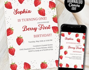 Berry Pierwsze Urodziny Zaproszenie, Red Strawberry Pierwsze Urodziny Zaproszenie, Daisy Truskawki, Berry Pierwsze Urodziny, 1 Urodziny Dziewczynki