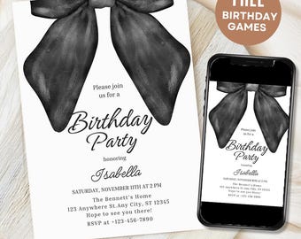 Editable Black Bow Birthday Invitation Template, Minimalist Black Bow Birthday Invite, Black Ribbon Coquette 30th 40th 50th Birthday Party