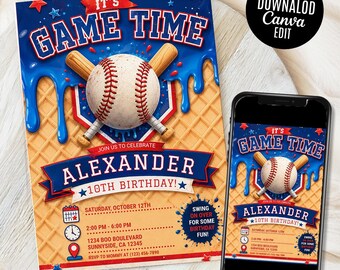 Game Time Birthday Party Invitation, Baseball Drip Birthday Invitation, birthday invitation boy, Editable template(Digital Download)