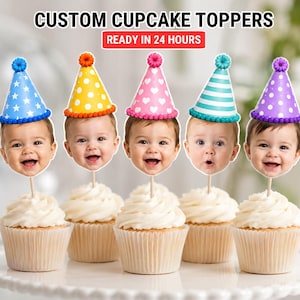 Benutzerdefiniertes Gesicht Foto Cupcake Toppers, personalisierte Partyhut Picks für Babys erster Geburtstag & alle Veranstaltungen, Kopf am Stiel (Digitaler Download PDF)