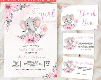 EDITABLE Blush Pink Rose Elephant Baby Shower Invitation Template Girl ...