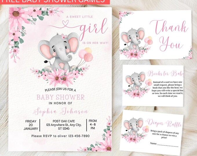 EDITABLE Blush Pink Rose Gold Elephant Baby Shower Invitation Girl ...