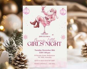 May include: A festive invitation for a "Merry Little Girls Night" features a whimsical illustration of Santa Claus in a martini glass. The invitation is in pink and white with text that includes the date, time, and location.