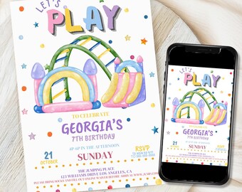 遊び場の誕生日パーティーの招待状 女の子のジャングルジムパーティーで遊ぼう 屋内遊び場 ソフトプレイ バウンス＆ジャンプパーティー 編集可能なテンプレート
