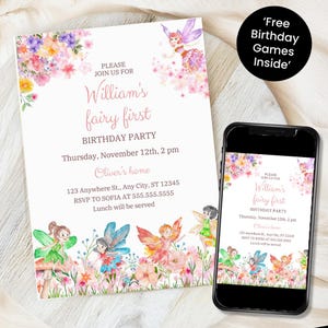 Fairy First Birthday Invitation, Girl 1st Birthday Invite, Enchanted Garden Fairy evite, Editable 1&#39;st B&#39;day Girl Whimsical Fairy Theme