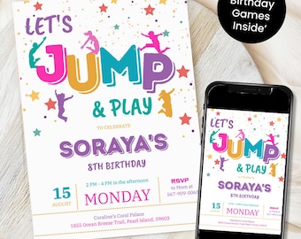 Invitación de salto, ¡Saltemos y juguemos!, Invitación de cumpleaños editable, Fiesta de trampolín para niñas, Fiesta de castillo inflable para niños, Descarga instantánea