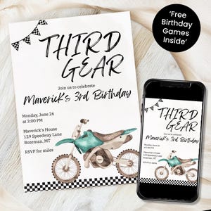 Third Gear Birthday Invitation Template, Editable Dirt Bike 3rd Birthday Invite, Racing Third Bday evite, Instant download canva