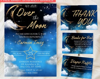 Editable Over the moon baby shower invitation Bundle, blue Twinkle Little Star baby shower invite, Printable Template, Instant download