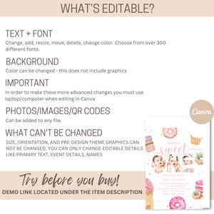 May include: Editable printable invitation template for a girl's first birthday party. The design features a pink and white donut with sprinkles, a cupcake, and the text "She's a sweet one".