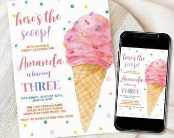 Ice Cream Birthday Invitation Ice cream social Party Here's the Scoop Pink Mint Purple Girl Birthday Printable Editable Download