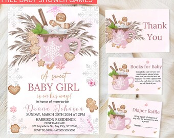 Editable Pink Winter Girl Baby Shower Invitation Bundle, Hot Chocolate Baby Shower Invite Pack, Gingerbread Cookie, Christmas Shower