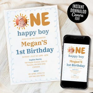 One Happy Boy Birthday Invite, 1st Birthday Invitation Boy, First Birthday Invitation, Sun Invitation, Sunshine, Boho One Happy Boy