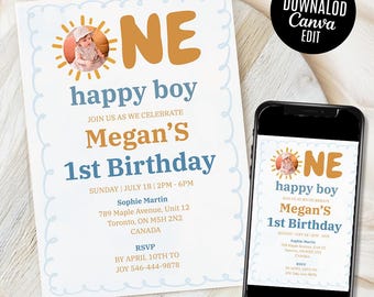 ワン ハッピー ボーイ バースデー招待状、1 歳の誕生日招待状 ボーイ、1 歳の誕生日招待状、太陽の招待状、太陽の光、ボヘミアン ワン ハッピー ボーイ