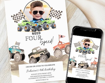 Verjaardagsuitnodiging met vier versnellingen Monstertruck nodig, foto-uitnodiging, 4e verjaardag, Monstertruckfeest Monster Jam jongen verjaardagsuitnodiging afdrukbaar