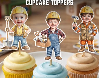Construction Personalized Face Cupcake Toppers, Birthday Party Decorations (Digital Download)