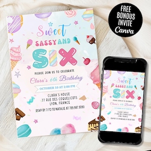 Sweet Sassy and Six Birthday Invitation, Girl 6th Birthday Invitation, Sweet Six Invitation, Pastel Sweets Dessert Donut Candy, Canva