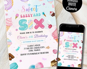 Sweet Sassy and Six Birthday Invitation, Girl 6th Birthday Invitation, Sweet Six Invitation, Pastel Sweets Dessert Donut Candy, Canva