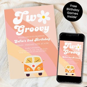 ZWEI Groovy Geburtstagseinladungen EDITIERBARE Mädchen Daisy Regenbogen Groovy 2