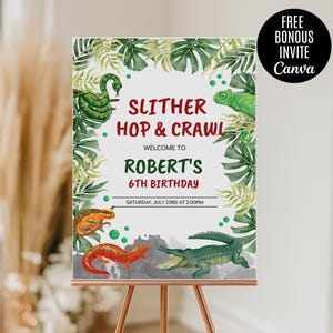 Signe de bienvenue d'anniversaire de reptile, Slither, Hop and Crawl Party, modèle de toile modifiable d'anniversaire en plein air sur le thème de la nature serpent