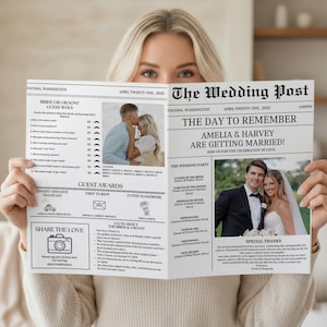 Può includere: Un annuncio di matrimonio in stile giornale con il titolo "The Wedding Post". L'annuncio include foto della coppia, dettagli del matrimonio e premi per gli invitati. La data è il 21 aprile 2025.