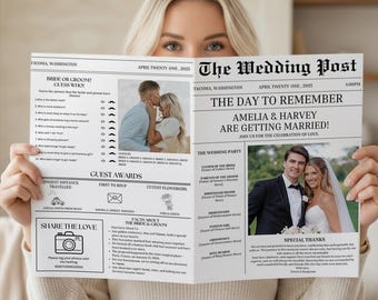 Large Newspaper Wedding Program, Editable Wedding Day Custom Newsletter Digital Download