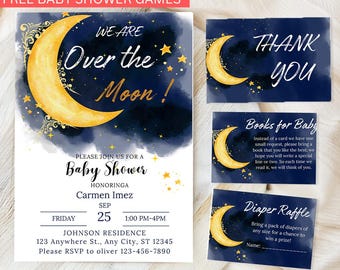 Editable Over the moon baby shower invitation Template Bundle, blue Twinkle Little Star baby shower invite, Printable Instant download