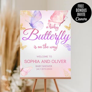 Butterfly Baby Shower Welcome sign, Butterfly Baby Shower sign for Girl, Editable Purple Gold Butterfly Baby Shower welcome sign, Canva