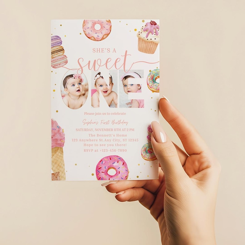 May include: A pink and white first birthday invitation with a donut theme. The invitation features a photo collage of a baby girl, a pink and white donut, and the text "She's a sweet one".