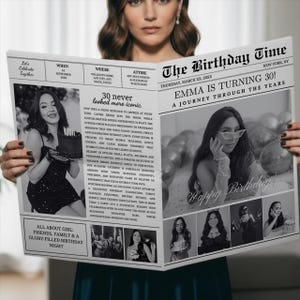 May include: A newspaper-style birthday announcement with the headline "The Birthday Time" and the text "Emma is turning 30!" The black and white design includes photos and text, with the words "Happy Birthday" at the bottom.
