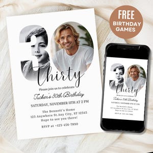 May include: A black and white photo birthday invitation with the number 30 in the background. The invitation is for Tucker's 30th birthday party on Saturday, 11th November at 2 PM. The party will be held at The Bennett's Home, 123 Anywhere St. Any City, ST 12345. RSVP at +123-456-7890.