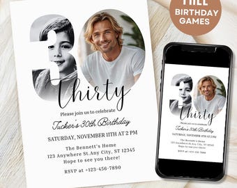 Invitation 30e avec photo, Look qui a 30 ans, modèle d'invitation 30e anniversaire, 30e invitation simple, 30e invitation homme, modifiable, imprimable