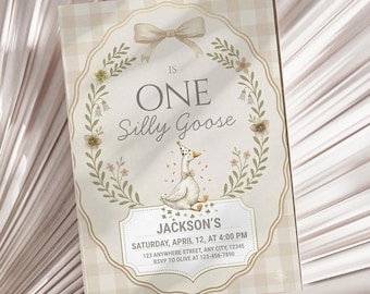 One Silly Goose First Birthday Invitation, Vintage Preppy Grandmillennial Girl Invite, Editable CANVA Template, Instant Download
