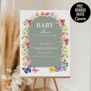 Placa de chá de bebê com flores silvestres, pôster boho rosa de flores silvestres, placa de boas-vindas para jardim, modelo editável para impressão no Canva