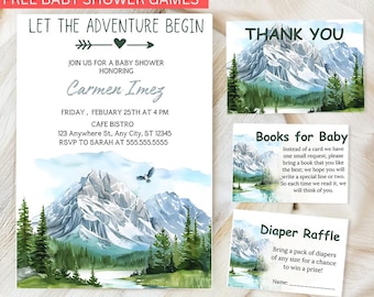 Edytowalny pakiet zaproszeń na baby shower Oh Boy Let the Adventure Begin, zestaw zaproszeń na baby shower Woodland Mountain, Adventure Baby Shower